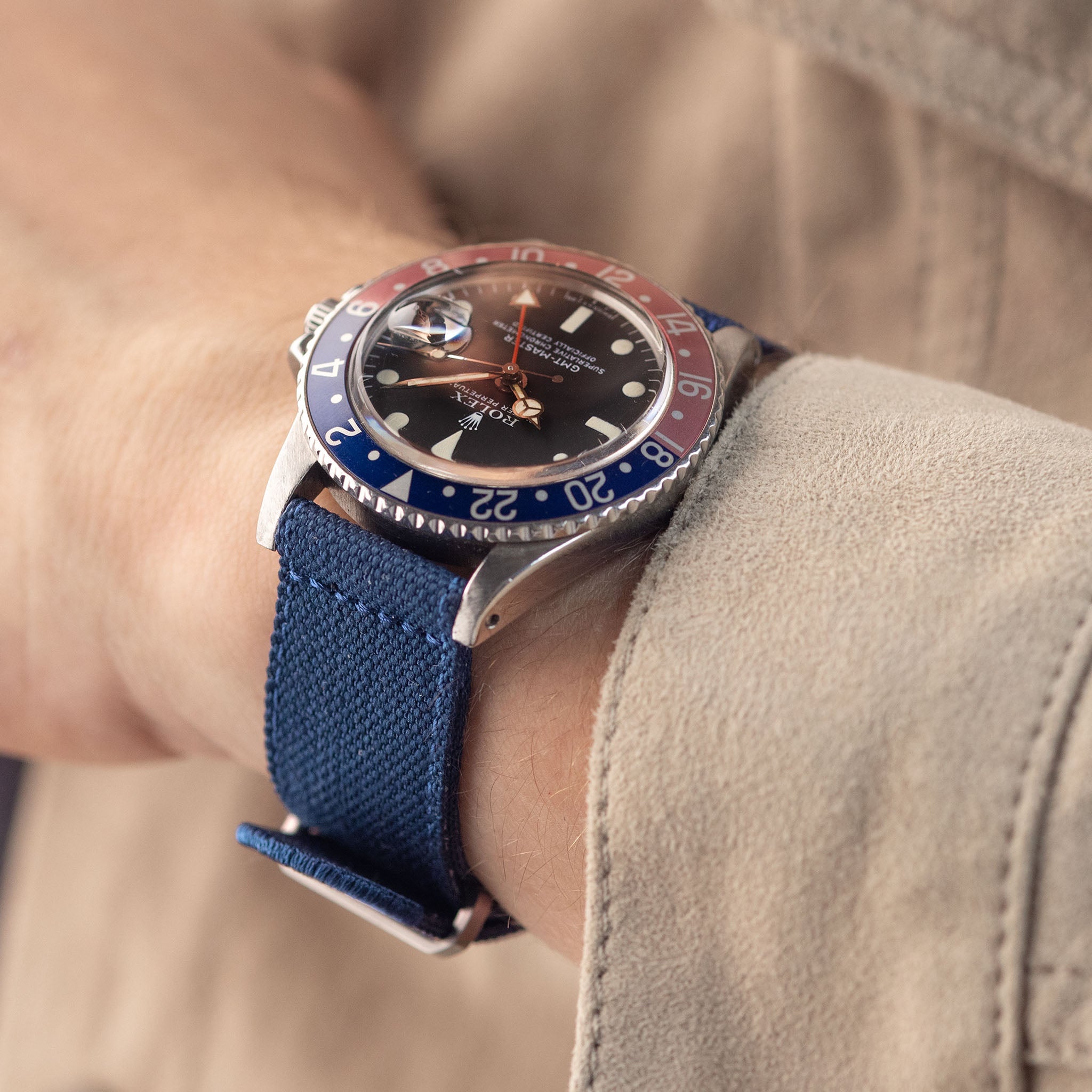 Safari Navy Canvas Watch Strap on Rolex GMT