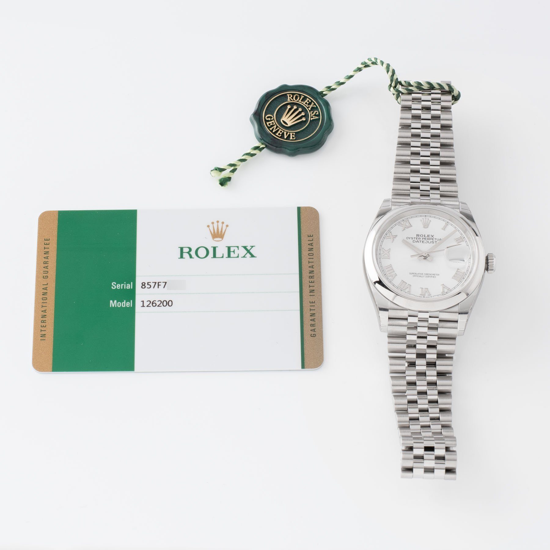 Rolex Datejust White Dial 126200 with Original warranty card and hang tags