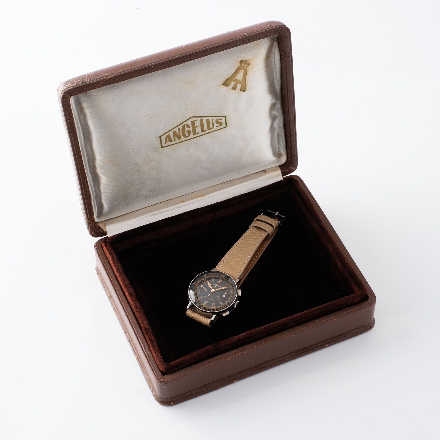 Angelus Steel Chronograph Square Pusher Watch  with Original rare Angelus box