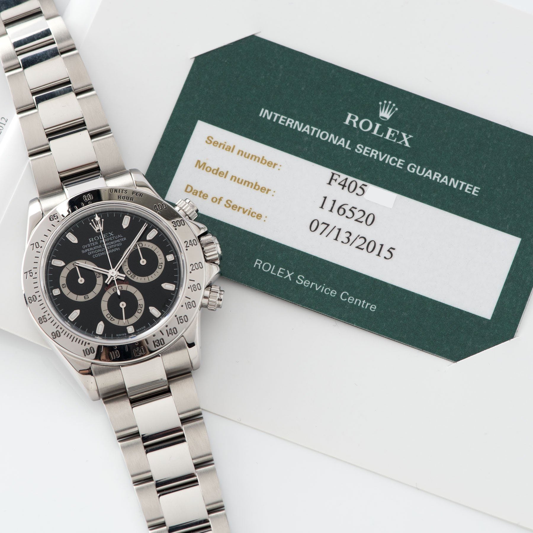 Rolex Daytona Steel 116520 Black Dial Box and Papers set  with Rolex service papers