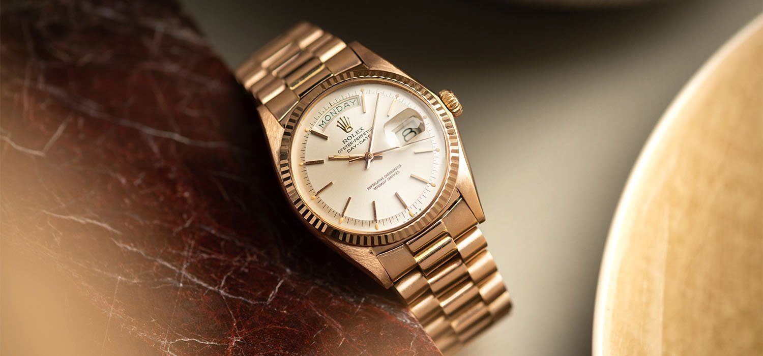 Rolex Day Date Pink Gold Silver Soleil Dial 1803