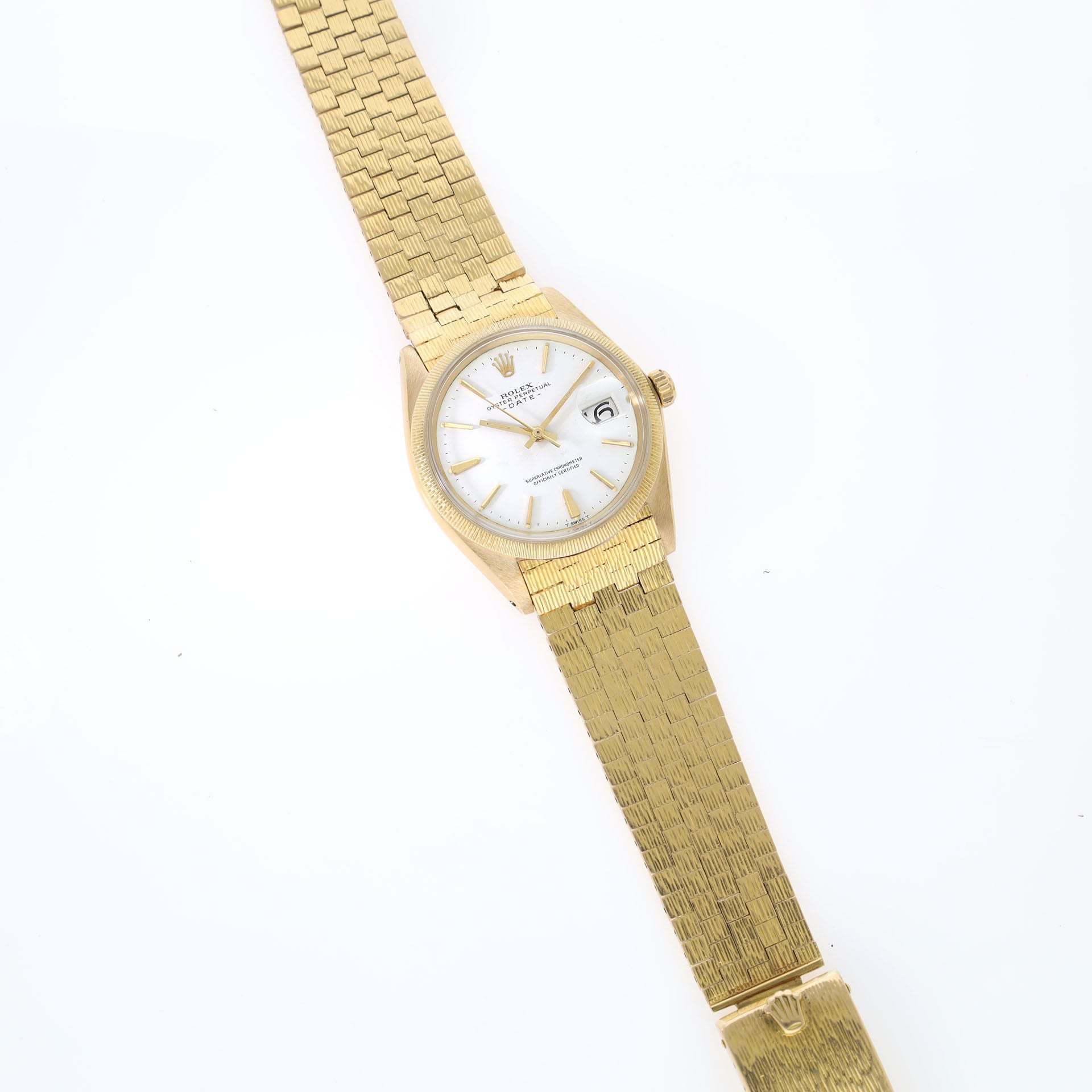 Rolex Date 1507 Yellow Gold Rare Bezel and Brick Link Bracelet