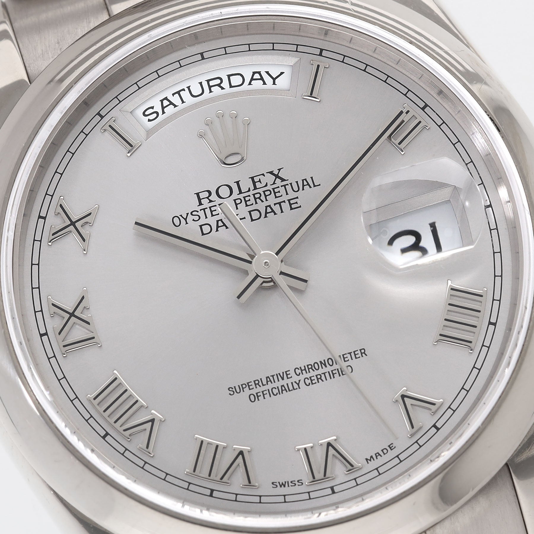 Rolex Day-Date 118209 White Gold Smooth Bezel Silver Dial