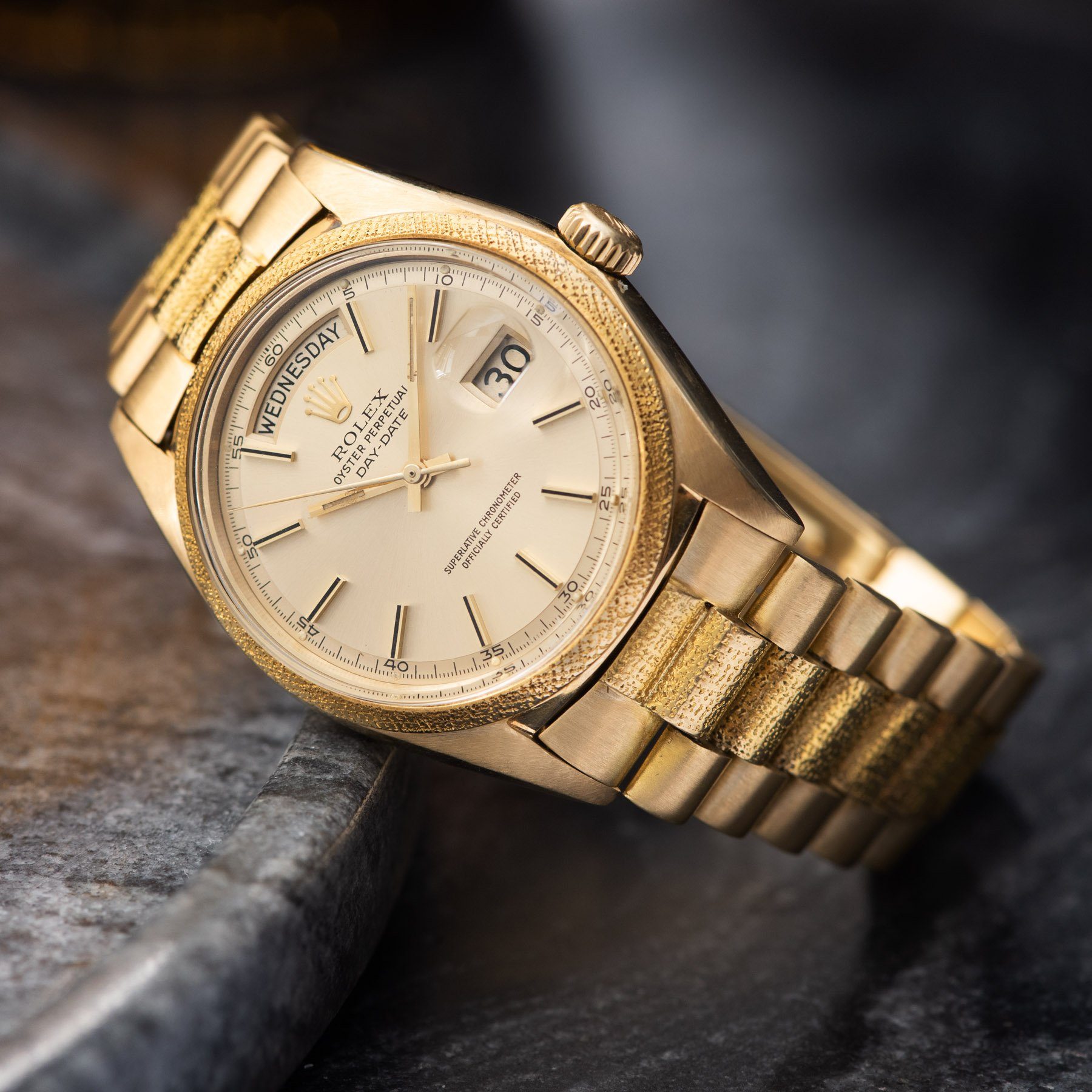 Rolex Day Date Yellow Gold Morellis Finish 1811 with Morellis or Moire finish on the bezel