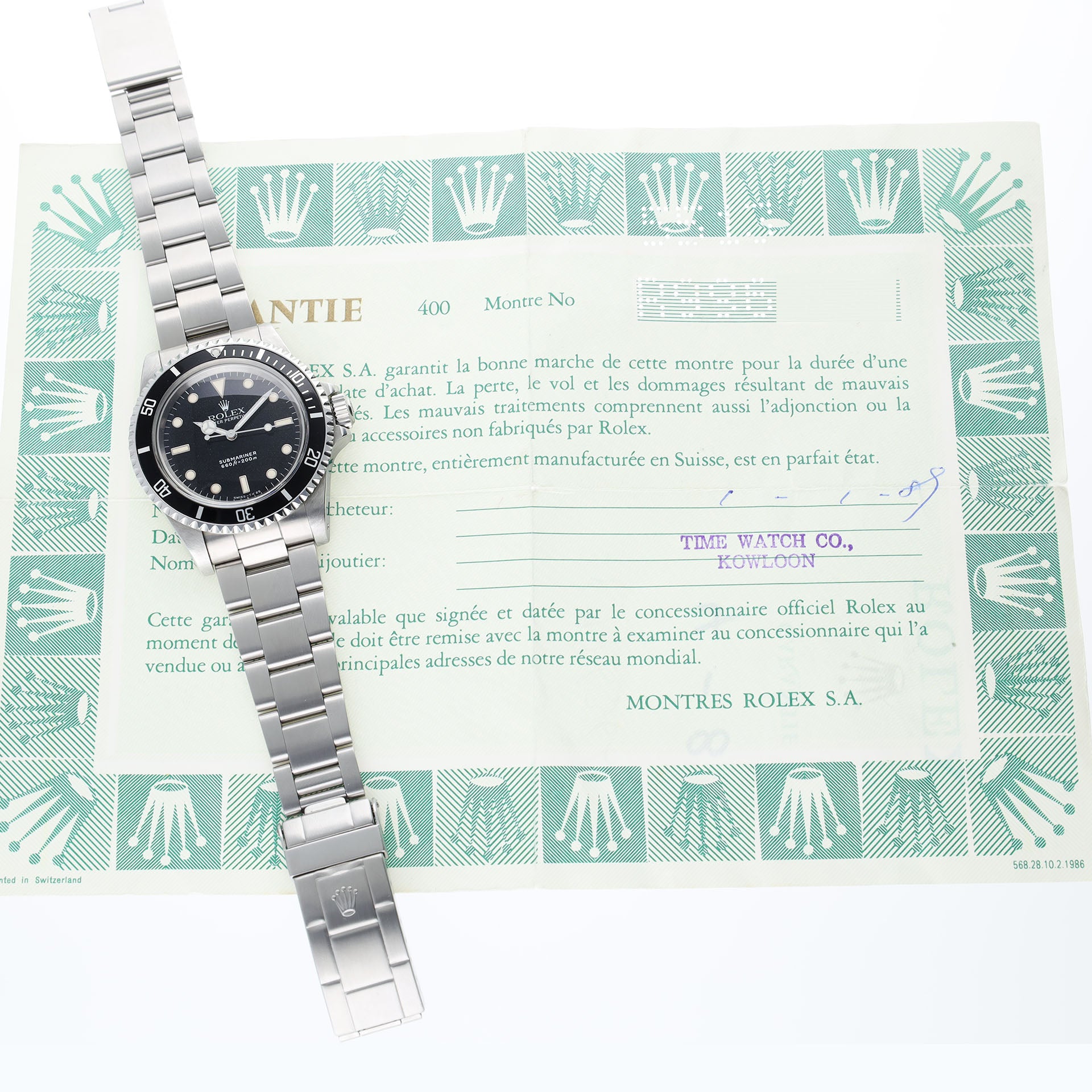 Rolex Submariner 5513 White Gold Hour Markers Punched Papers