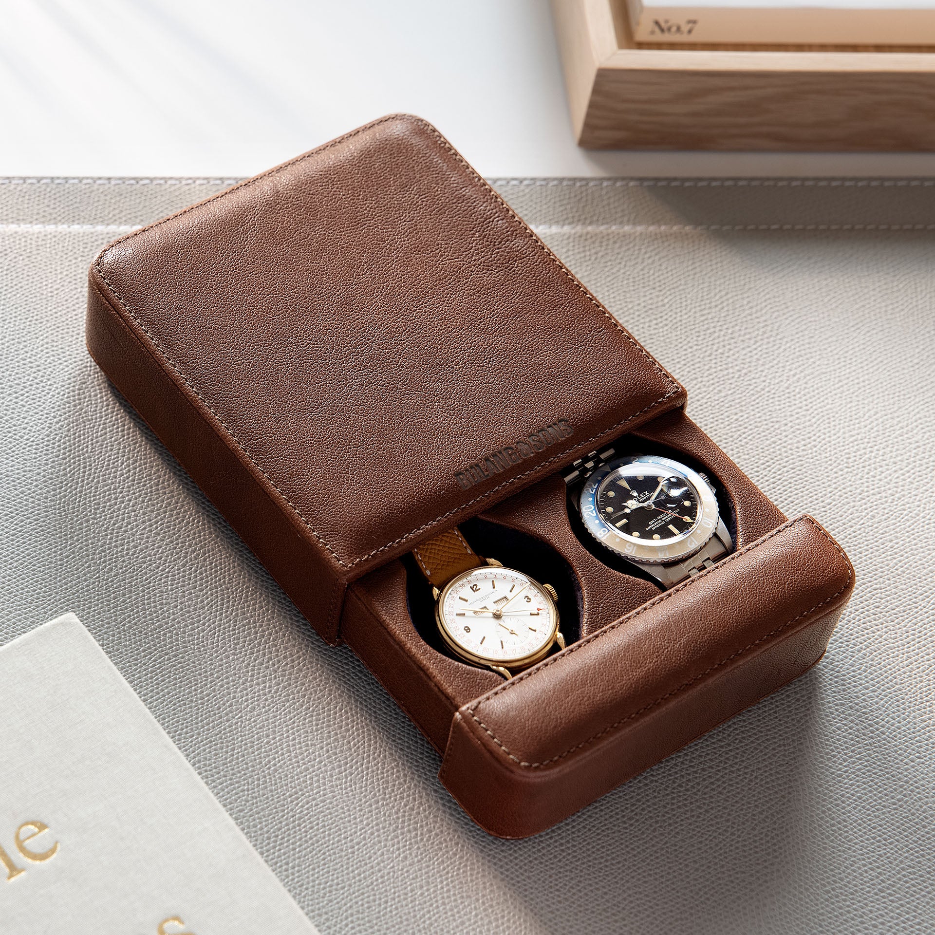 Washed Brown Leather 2 Watch Slider Box